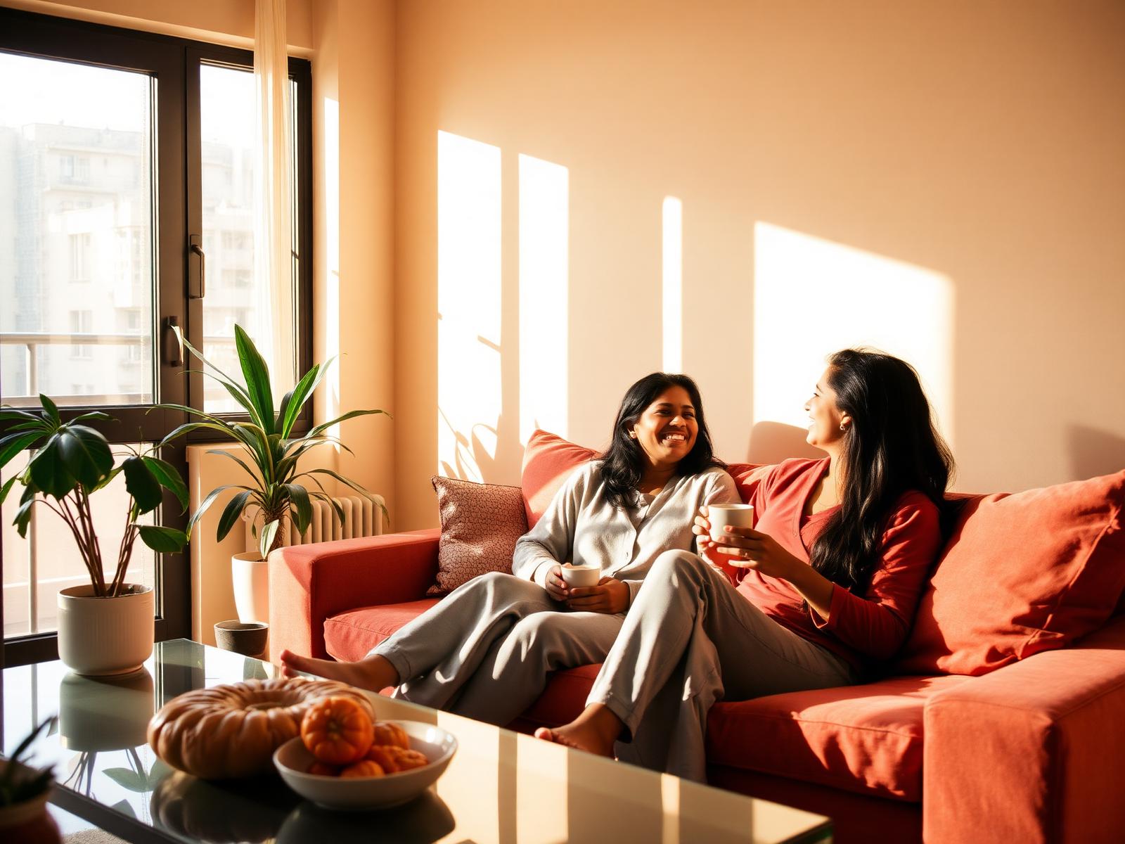 Two flatmates sharing chai in a sunlit Pune apartment